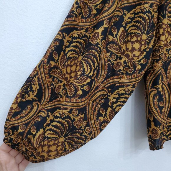 A Loves A Peasant bohemian Blouse with Neck Bow Tie in Paisley Print Size Large - Picture 4 of 11
